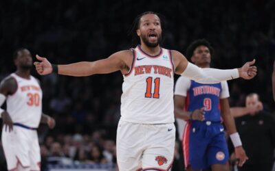 New York Knicks' Jalen Brunson reacts during the first half of an NBA basketball game against the Detroit Pistons, Thursday, Nov. 30, 2023, in New York. AP PHOTO