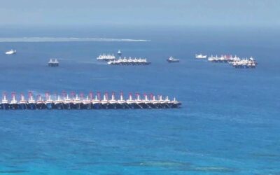 This aerial photo shows part of the Subi Reef and Chinese vessels identified by the Philippines as ‘maritime militia’ near Thitu Island in the disputed South China Sea on Friday, Dec. 1, 2023. AFP PHOTO