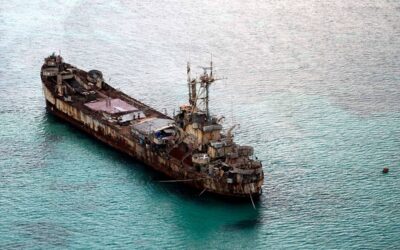This shows the BRP Sierra Madre of the Philippine Navy anchored near Ayungin Shoal with Filipino soldiers onboard to secure perimeter in the Spratly Islands in the West Philippine Sea on May 11, 2015. PHOTO BY RITCHIE B. TONGO/POOL PHOTO VIA AP