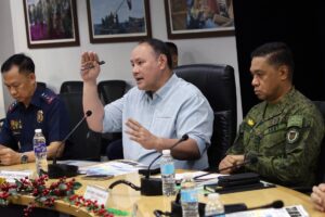Department of National Defense Secretary Gilberto Teodoro, with AFP Chief Staff Romeo Brawner and Philippine National Police (PNP) Chief Directorial Staff Emanuel Peralta