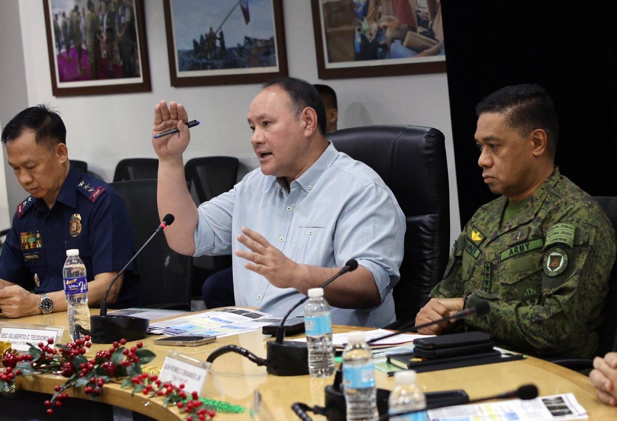 Department of National Defense Secretary Gilberto Teodoro, with AFP Chief Staff Romeo Brawner and Philippine National Police (PNP) Chief Directorial Staff Emanuel Peralta