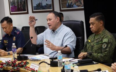 Department of National Defense Secretary Gilberto Teodoro, with AFP Chief Staff Romeo Brawner and Philippine National Police (PNP) Chief Directorial Staff Emanuel Peralta