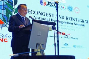 Executive Secretary Lucas P. Bersamin delivers a speech in behalf of President Ferdinand "Bongbong" Romualdez Marcos Jr., during the “Decongest and Reintegrate National Decongestion Summit, a Conference to Unlock Solutions to Jail and Prison Overcrowding,” held at the Diamond Hotel in Manila, on 06 December 2023.