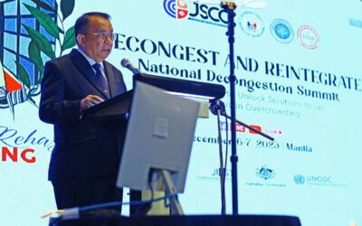 Executive Secretary Lucas P. Bersamin delivers a speech in behalf of President Ferdinand "Bongbong" Romualdez Marcos Jr., during the “Decongest and Reintegrate National Decongestion Summit, a Conference to Unlock Solutions to Jail and Prison Overcrowding,” held at the Diamond Hotel in Manila, on 06 December 2023.