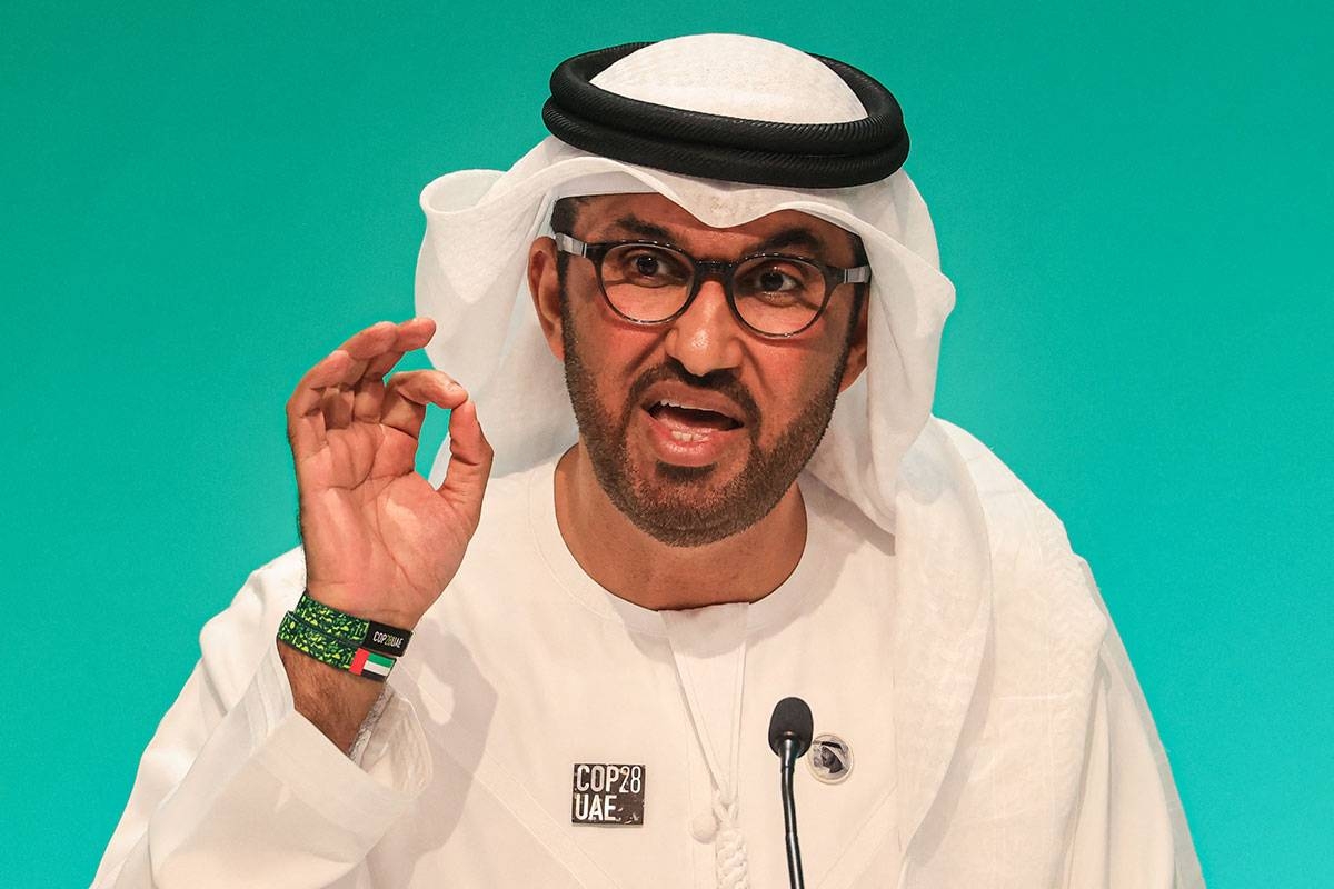 COP28 president Sultan Ahmed Al Jaber speaks during a press conference at the United Nations climate summit in Dubai on December 4, 2023. The Emirati president of the UN's COP28 talks said on December 4 he respects climate science, after a leaked video showed him declaring that no science says a fossil fuel phaseout will help achieve climate goals.
KARIM SAHIB / AFP