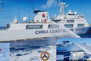 A Chinese coast guard ship uses a water cannon on a Philippine Coast Guard vessel near the Ayungin Shoal, or Second Thomas Shoal, during a resupply mission on Aug. 5, 2023. PNA PHOTO