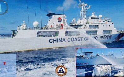 A Chinese coast guard ship uses a water cannon on a Philippine Coast Guard vessel near the Ayungin Shoal, or Second Thomas Shoal, during a resupply mission on Aug. 5, 2023. PNA PHOTO