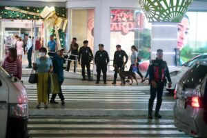 PBGen Redrico Maranan, Quezon City Police District director, inspects the Anti-Crime Reaction and Bike Patrol team at the Gateway Mall in Cubao on Tuesday, Dec. 5,2023. The presence of police in the area is part of the enhanced security for the yuletide season. PHOTOS BY JOHN ORVEN VERDOTE