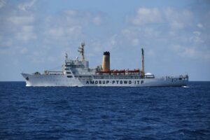 This picture shows a Philippine vessel that was part of a convoy of civilian boats in the disputed South China Sea on December 10, 2023. AFP PHOTO