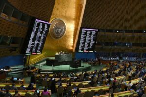 A general view shows a screen of votes during a United Nations General Assembly meeting to vote on a non-binding resolution demanding "an immediate humanitarian ceasefire" in Gaza at UN headquarters in New York on December 12, 2023.
ANGELA WEISS / AFP