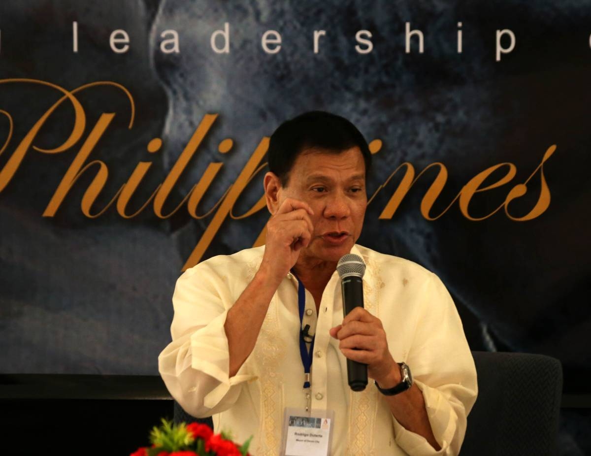 (Photo by: RENE H. DILAN)
Davao City Mayor Rodrigo Duterte talks at the Asia CEO Forum in Makati on Thursday, June 25. Supporters have been pushing for Duterte, known for his hardline policy against criminal elements, to run for president in next year's elections.