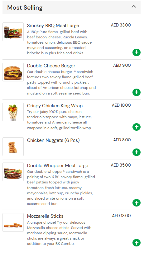 Burger King Most Selling
