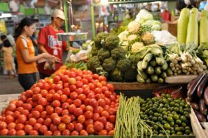 A customers buys vegetables in a farmers market in Quezon City. Food inflation fell to 5.5 percent from 5.8 percent in November, which the PSA attributed to a 9.2-percent drop in the prices of vegetables, tubers, plantains, cooking bananas and pulses. AFP PHOTO/Jay DIRECTO