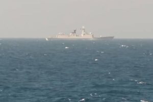 A Chinese vessel shown from afar shadowing Philippine Navy vessels during the 2nd AFP-USINDOPACOM Maritime Cooperative Activity in West Philippine Sea on January 3, 2024.Screengrab from Armed Forces of the Philippines Video