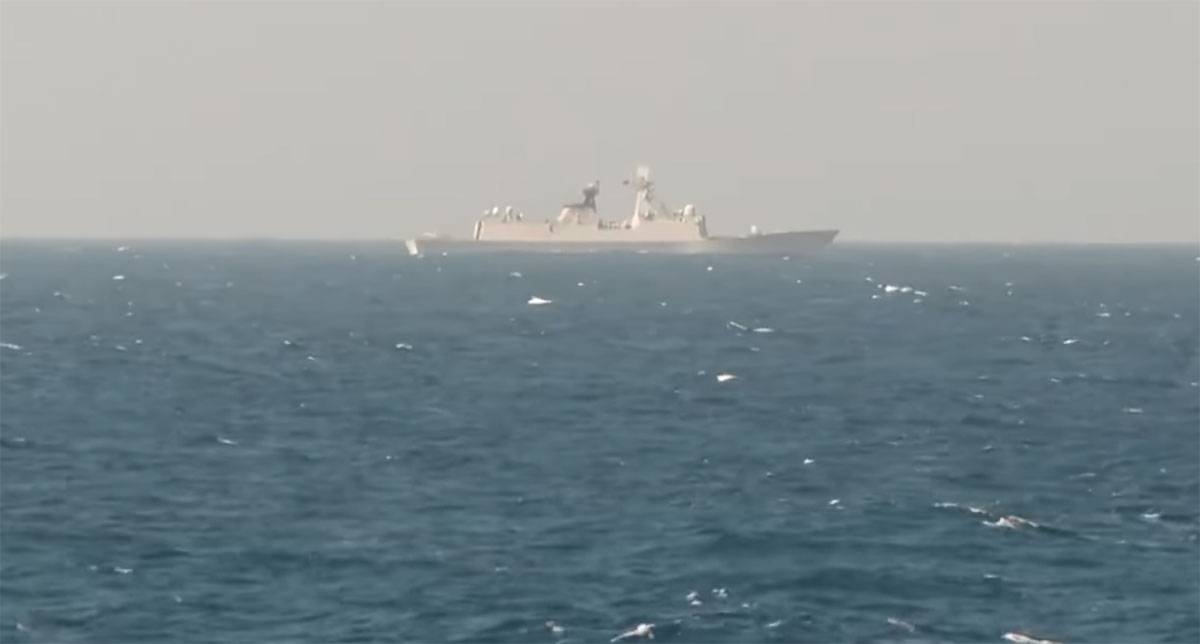 A Chinese vessel shown from afar shadowing Philippine Navy vessels during the 2nd AFP-USINDOPACOM Maritime Cooperative Activity in West Philippine Sea on January 3, 2024.Screengrab from Armed Forces of the Philippines Video