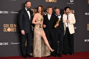 Victorious (From left) Greek director Yorgos Lanthimos, US actress Emma Stone, US actor Willem Dafoe, US actor Mark Ruffalo and US actor Ramy Youssef pose in the press room with the awards for Best Motion Picture - Musical or Comedy and Best Performance by a Female Actor in a Motion Picture - Drama during the 81st annual Golden Globe Awards at The Beverly Hilton hotel in Beverly Hills, California, on Sunday, Jan. 7, 2024.  AFP PHOTO