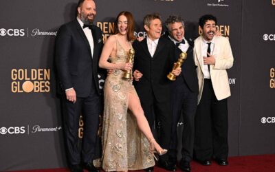 Victorious (From left) Greek director Yorgos Lanthimos, US actress Emma Stone, US actor Willem Dafoe, US actor Mark Ruffalo and US actor Ramy Youssef pose in the press room with the awards for Best Motion Picture - Musical or Comedy and Best Performance by a Female Actor in a Motion Picture - Drama during the 81st annual Golden Globe Awards at The Beverly Hilton hotel in Beverly Hills, California, on Sunday, Jan. 7, 2024.  AFP PHOTO