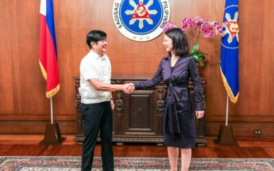 President Ferdinand Marcos Jr. welcomes German Federal Foreign Minister Annalena Baerbock during a courtesy call at Malacañan Palace in Manila on Thursday, Jan. 11, 2024. PPA POOL PHOTOS