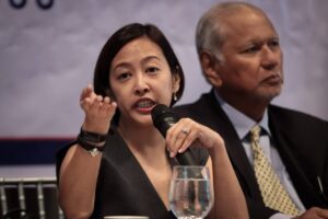 Makati Mayor Mar-Len Abigail 'Abby' Binay speaks during the Rotary Club of Makati joint meeting at the Peninsula Manila, on Tuesday, Jan. 9, 2024. Rotary Club of Makati President Bing Matoto led the program culminating in a Q&A with members of the rotary. Binay said she was considering seeking the mayoralty in Taguig following the transfer of 10 villages to the city from Makati. PHOTOS BY J. GERARD SEGUIA