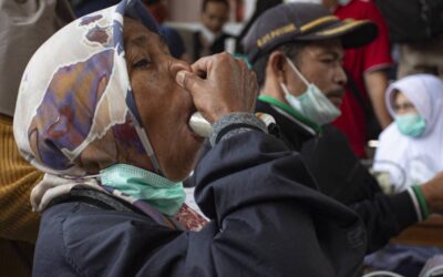 A villager undergoes checks at a village clinic after Mount Marapi erupted spewing ash and causing respiratory problems to people, at Sungai Pua village in Agam, West Sumatra on January 14, 2024. AFP PHOTO