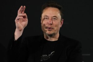 Elon Musk, owner of social media platform X, gestures during an event with Britain's Prime Minister Rishi Sunak in London on Nov. 2, 2023. AP PHOTO