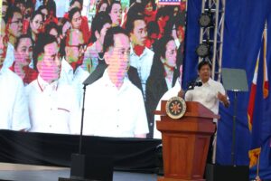 President Ferdinand Marcos Jr., with Department of Social Welfare and Development Secretary Rex Gatchalian and Undersecretary Eduardo Punay, during the launch of the disaster response mechanisms of the DSWD on its 73rd Anniversary at the Batasan Complex in Quezon City on Friday, Jan. 12, 2024. PHOTOS BY RENE H. DILAN
