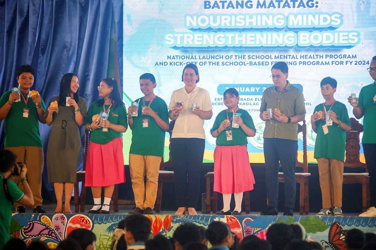 Vice President and Education Secretary Sara Duterte leads the launch of the Batang Matatag: School-Based Mental Health and Feeding Programs at the Esteban Abada Elementary School in Quezon City on Wednesday, Jan. 24, 2024.  With Duterte were Mayor Josefina 'Joy' Belmonte and Congressman Ramon Romulo.  PHOTOS BY JOHN ORVEN VERDOTE