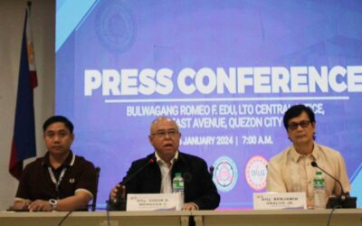 DILG Secretary Benjamin 'Benhur' Abalos Jr., Land Transportation Office (LTO) Chief Vigor D. Mendoza 2nd, and Renante G. Militante of the LTO Intelligence and Investigation Division present to the media on Friday, Jan. 26, 2024, three LTO employees suspected of stealing license plates from the agency’s plant in Quezon City. PHOTOS BY ISMAEL DE JUAN