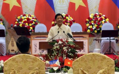 Philippine President Ferdinand R. Marcos Jr. with First Lady Marie Louise Araneta Marcos offers a toast to Vietnamese President Vo Van Thuong and  First Lady Phan Thi Thanh Tam during the state banquet at the International Convention Center in Hanoi, Vietnam on January 30, 2024. The Philippines signed a five-year deal with Vietnam to ensure steady supply of affordable rice to the country as global prices of the staple continue to surge. KJ ROSALES/PPA POOL