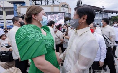 Sen. Marcos to Seek Resolution with Dutertes to Preserve UniTeam Unity President-elect Ferdinand Marcos, Jr. and Vice President-elect Sara Zimmerman Duterte engage in a discussion during the inauguration of Vice President-elect Duterte as the 15th Vice President of the Philippines at San Pedro Square, Poblacion District in Davao City on June 19, 2022. ACE MORANDANTE/ PRESIDENTIAL PHOTO