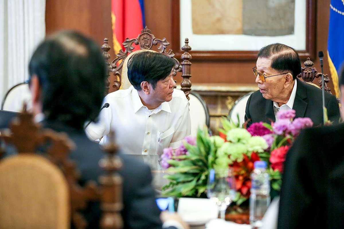 ALMOST 100 President Ferdinand Marcos Jr. consults his chief legal counsel, Juan Ponce Enrile, who will turn 100 on February 14, during a sectoral meeting in Malacañang on Tuesday, Feb. 6, 2024. PPA POOL PHOTO