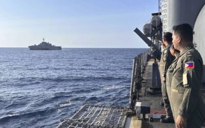PH and US Conduct 3rd Joint Patrol in South China Sea JOINT PATROL
This handout photo taken and released by the Armed Forces of the Philippines' Western Command on Friday, Feb. 9, 2024 shows the USS Gabrielle Giffords, embarked with an MH-60S Sea Hawk, receiving passing honors by Philippine Navy Officers aboard BRP Gregorio Del Pilar, a naval tradition rendered to ships passing close aboard, during the 3rd AFP-USINDOPACOM Maritime Cooperative Activity in the disputed South China Sea. HANDOUT/ARMED FORCES OF THE PHILIPPINES’ WESTERN COMMAND/AGENCE FRANCE-PRESSE