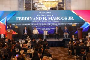 President Ferdinand Romualdez Marcos Jr. graces the Philippine Domestic Submarine Cable Network Lightning Ceremony at a hotel in Makati on Thursday, February 15, 2024. With Japan Amb. Kazuhiko Koshikawa, Executive Sec Lucas Bersamin Jr. DICT Sec. Ivan John Uy and Mr. Koji Miyashita, Chairman Infinivan. (KJ ROSALES/PPA POOL)
