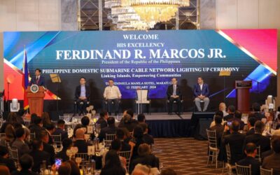 Marcos Optimistic about Faster Fiber Internet Speeds in the Philippines President Ferdinand Romualdez Marcos Jr. graces the Philippine Domestic Submarine Cable Network Lightning Ceremony at a hotel in Makati on Thursday, February 15, 2024. With Japan Amb. Kazuhiko Koshikawa, Executive Sec Lucas Bersamin Jr. DICT Sec. Ivan John Uy and Mr. Koji Miyashita, Chairman Infinivan. (KJ ROSALES/PPA POOL)