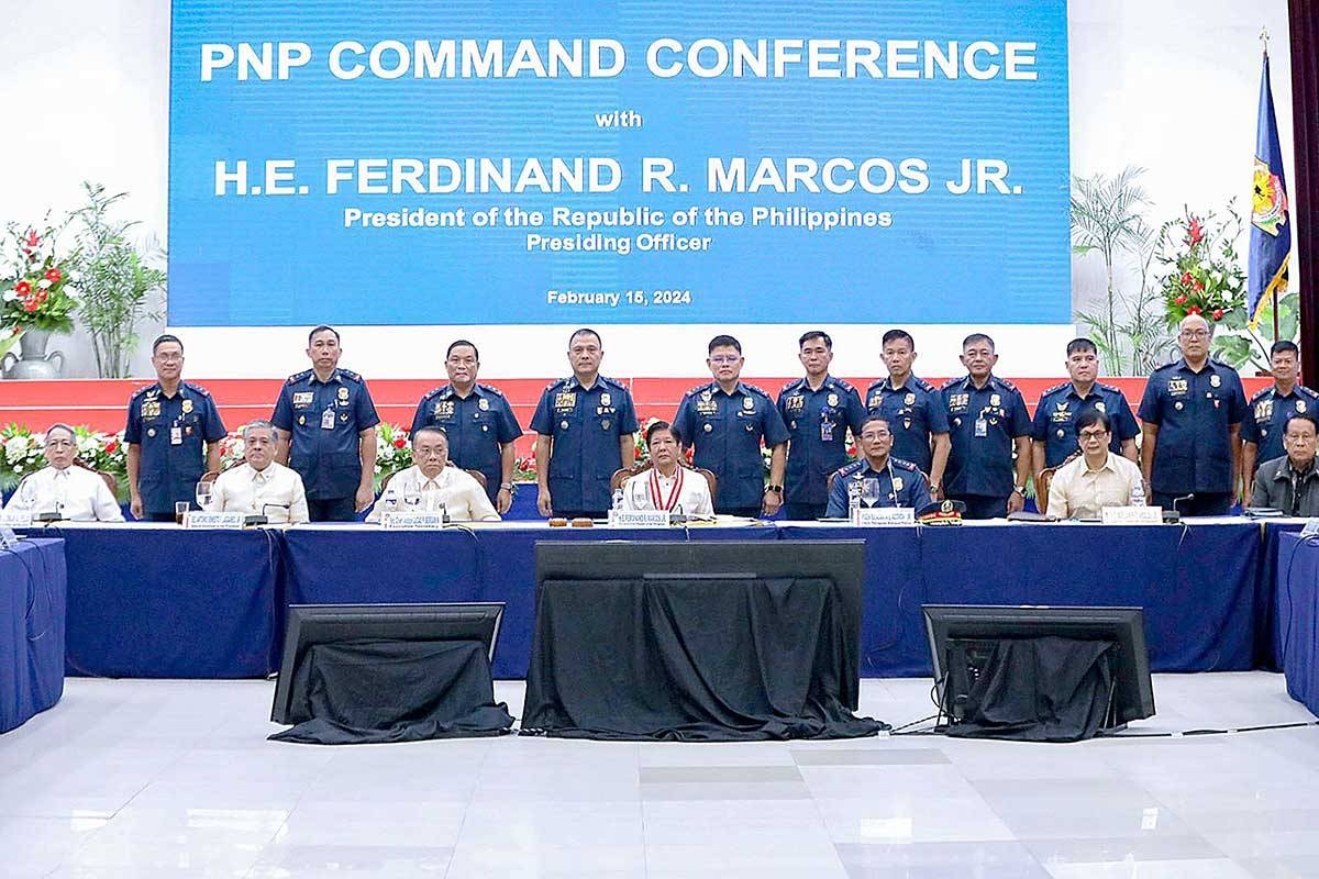 FIRST MEETING President Ferdinand Marcos Jr. leads this year’s first Philippine National Police command conference on Thursday, Feb. 15, 2024, in Camp Crame, Quezon City. CONTRIBUTED PHOTO