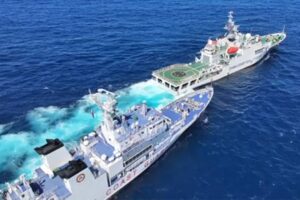 Another ‘encounter’ 
This frame grab from a handout video taken on Thursday, Feb. 8, 2024, and released by the Philippine Coast Guard on February 11 shows a China Coast Guard vessel (front right) blocking and sailing past BRP Teresa Magbanua near Scarborough Shoal. AFP PHOTO