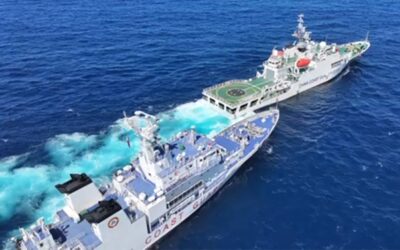 Another ‘encounter’ 
This frame grab from a handout video taken on Thursday, Feb. 8, 2024, and released by the Philippine Coast Guard on February 11 shows a China Coast Guard vessel (front right) blocking and sailing past BRP Teresa Magbanua near Scarborough Shoal. AFP PHOTO