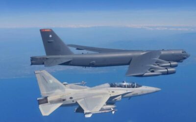 PH and US Conduct Joint Patrol in the Indo-Pacific Region A Philippine Air Force FA-50 (bottom) and US B-52Hs bomber aircraft (top) fly over the Philippine exclusive economic zone during the joint maritime cooperative activity on Monday (Feb. 19, 2024). The air patrol covering areas 90 nautical miles west of Candon, Ilocos Sur, and 50 nautical miles northwest of Lubang, Mindoro was conducted under the third MCA that started on Feb. 9. Photo courtesy of the PAF