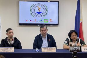 Philippine Sports Commission (PSC) chairman Richard Bachmann, middle, listens to a question as he attends the Philippine Sportswriters Association (PSA) Forum with PSC executive director Paulo Tatad and Philippine National Anti-Doping Organization (PHI-NADO) officer Nathan Vasquez. CONTRIBUTED PHOTO