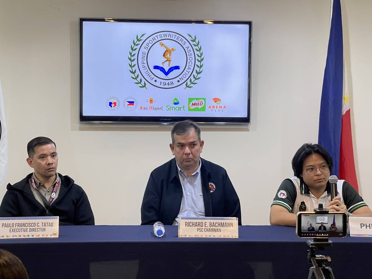 Philippine Sports Commission (PSC) chairman Richard Bachmann, middle, listens to a question as he attends the Philippine Sportswriters Association (PSA) Forum with PSC executive director Paulo Tatad and Philippine National Anti-Doping Organization (PHI-NADO) officer Nathan Vasquez. CONTRIBUTED PHOTO