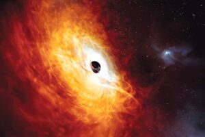 MONSTER This illustration provided by the European Southern Observatory in February 2024 depicts the record-breaking quasar J059-4351, the bright core of a distant galaxy that is powered by a supermassive black hole. EUROPEAN SOUTHERN OBSERVATORY IMAGE VIA AP