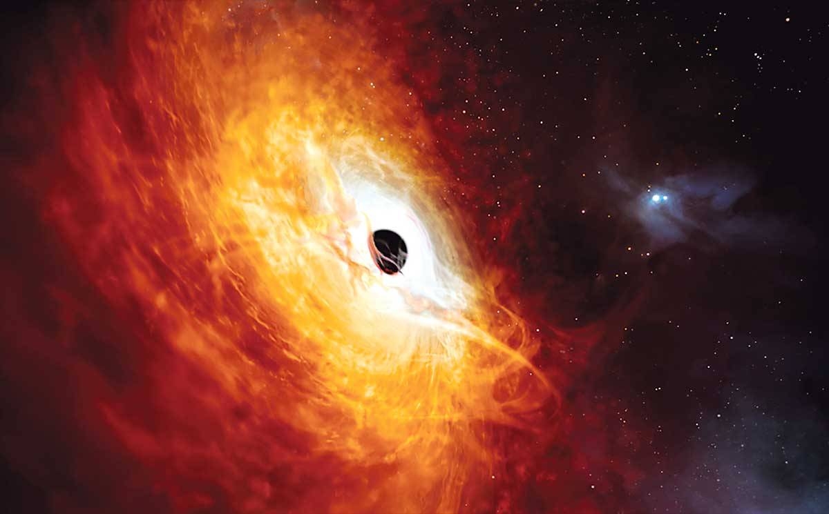 MONSTER This illustration provided by the European Southern Observatory in February 2024 depicts the record-breaking quasar J059-4351, the bright core of a distant galaxy that is powered by a supermassive black hole. EUROPEAN SOUTHERN OBSERVATORY IMAGE VIA AP