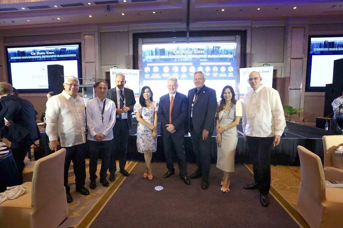 Business forum Speakers and hosts of The Manila Times forum gather for a snapshot on Wednesday, Feb. 21, 2024. From left are TMT Chairman and CEO Dante ‘Klink’ Ang 2nd; Eduardo Francisco, president of BDO Capital & Investment Corp; Philipp Dupuis, minister counsellor and head of the Economic Trade Section of the European Union (PH); The Manila Times President and COO Blanca Mercado; Chris Nelson, BritCham executive director; Jesper Svenningsen, NordCham executive director; Sheila Lobien, president and CEO of Lobien Realty Corp; and The Manila Times Columnist Ben Kritz.
Photo by Mike Alquinto