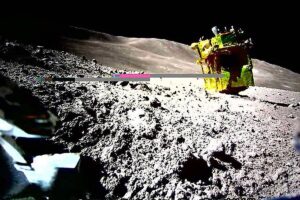 This handout photo released on January 25, 2024 from the Japan Aerospace Exploration Agency (JAXA) and credited to JAXA, Takara Tomy, Sony Group Corporation and Doshisha University shows an image of the lunar surface taken and transmitted by LEV-2 "SORA-Q" the transformable lunar surface robot "SORA-Q" (operation verification model), installed on the private company's lunar module for the Smart Lander for Investigating Moon (SLIM) mission, after landing on the Moon on January 20. Japan's Moon lander has produced another surprise by waking up after the two-week lunar night, the country's space agency said on February 26, 2024.
