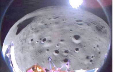 American Lander Sends First Images from Moon n This image obtained on Monday, Feb. 26, 2024, courtesy of Intuitive Machines, shows Odysseus lunar lander approximately 35 seconds after pitching over during its approach to the landing site. The camera is on the starboard aft-side of the lander in this phase. The first American spaceship to the Moon since the Apollo era is probably lying sideways following its dramatic landing, the company that built it said February 23. AFP PHOTO