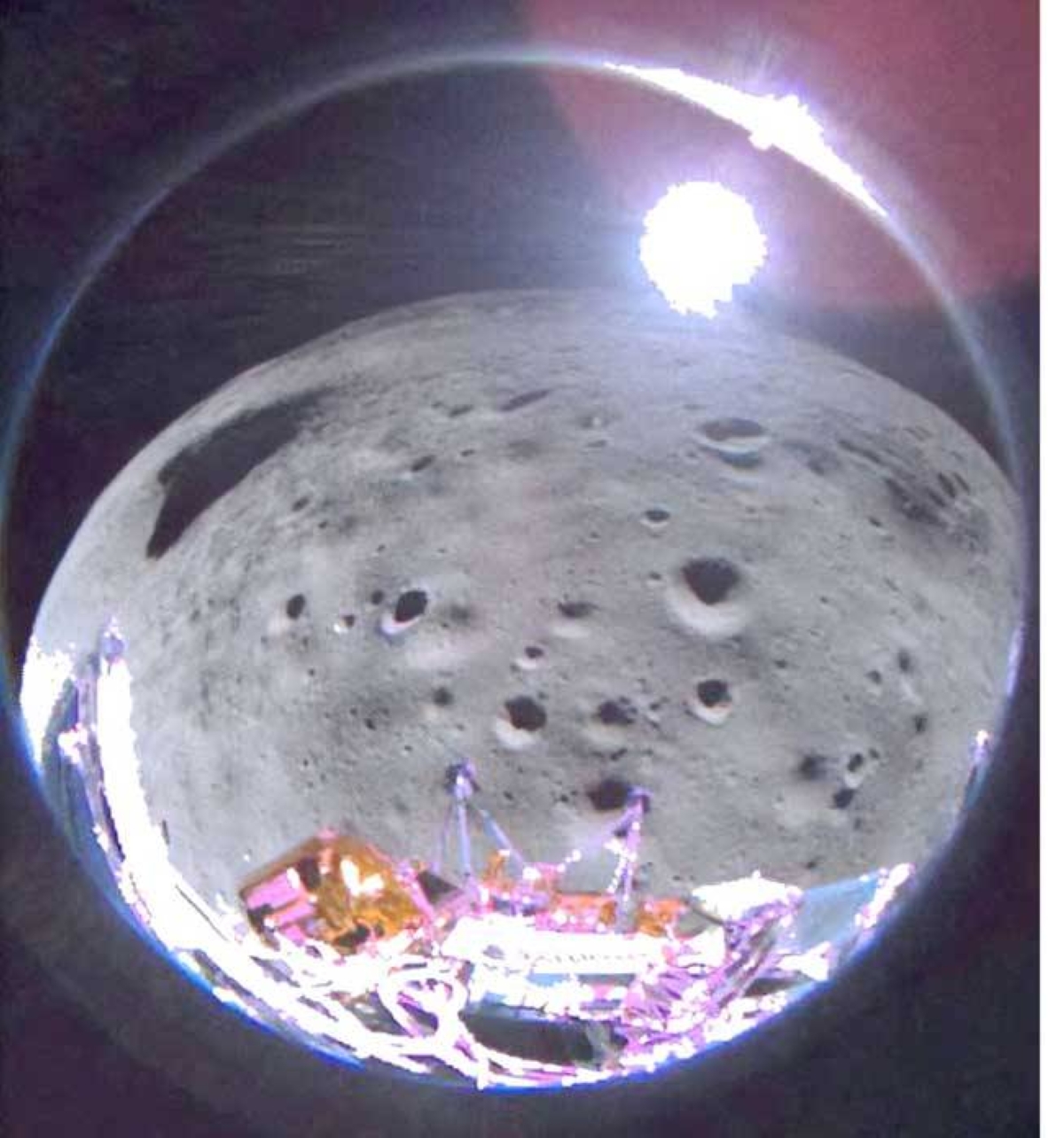 n This image obtained on Monday, Feb. 26, 2024, courtesy of Intuitive Machines, shows Odysseus lunar lander approximately 35 seconds after pitching over during its approach to the landing site. The camera is on the starboard aft-side of the lander in this phase. The first American spaceship to the Moon since the Apollo era is probably lying sideways following its dramatic landing, the company that built it said February 23. AFP PHOTO