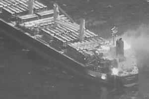 This black-and-white image released by the US military's Central Command shows the fire aboard the bulk carrier True Confidence after a missile attack by Yemen's Houthi rebels in the Gulf of Aden on Wednesday, March 6, 2024. PHOTO BY US CENTRAL COMMAND VIA AP