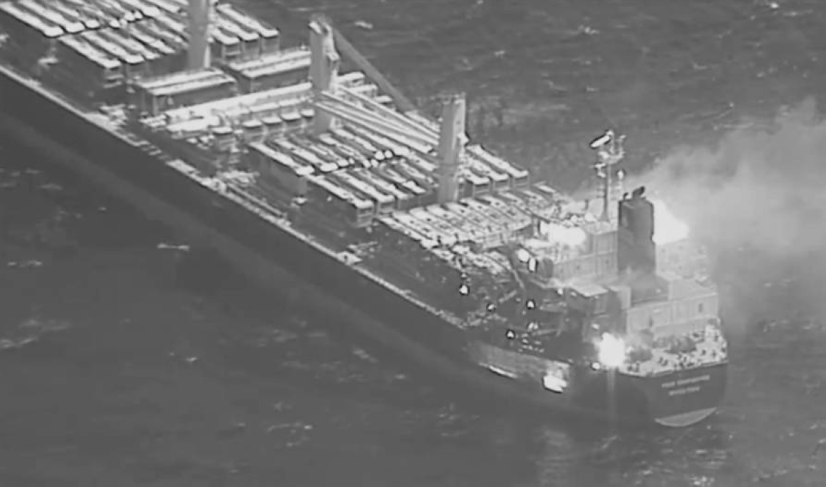 This black-and-white image released by the US military's Central Command shows the fire aboard the bulk carrier True Confidence after a missile attack by Yemen's Houthi rebels in the Gulf of Aden on Wednesday, March 6, 2024. PHOTO BY US CENTRAL COMMAND VIA AP