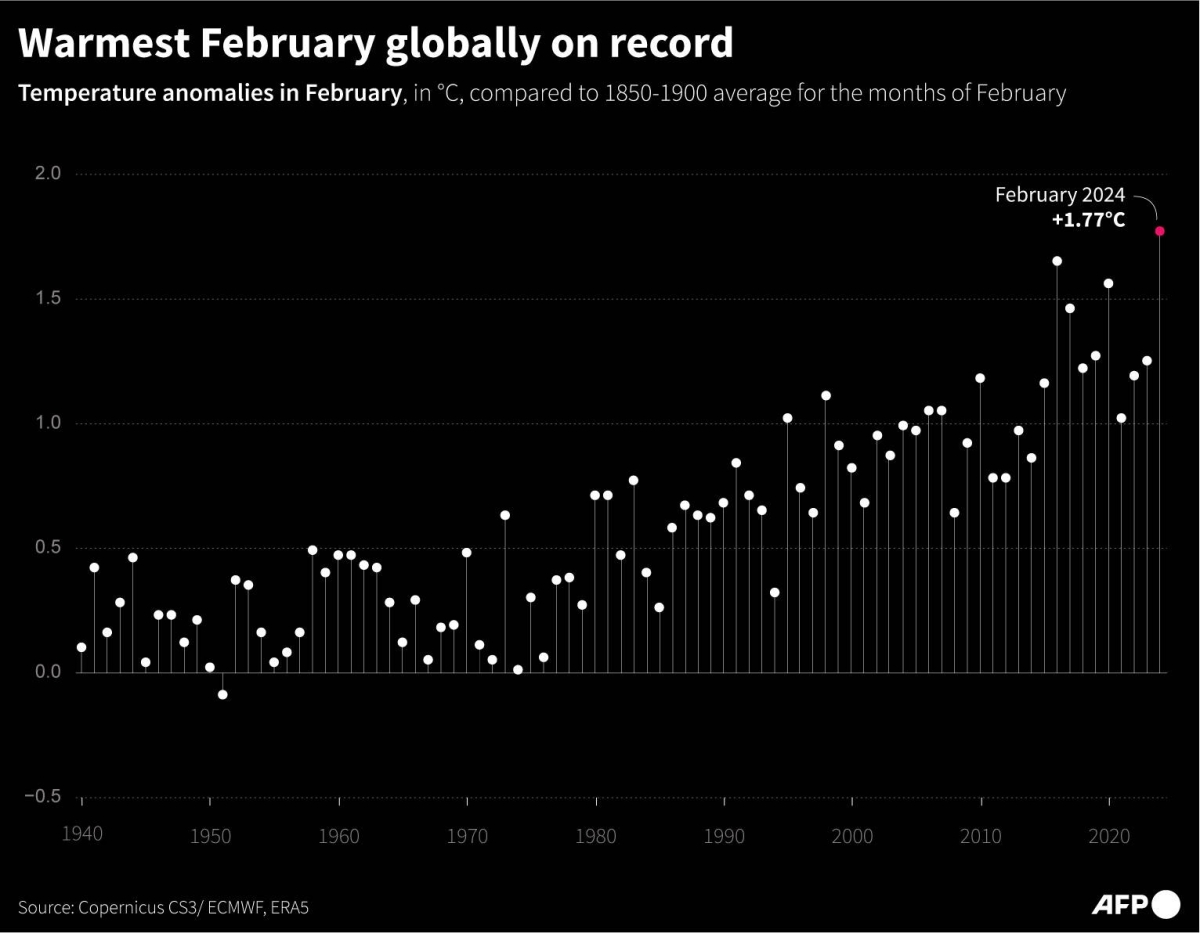 Graphic showing global temperature anomalies for the months of February from 1940-2024 compared to the 1850-1900 February average, according to Copernicus C3S/ECMWF data (Photo by Julia Han Janicki and Sabrina Blanchard / AFP