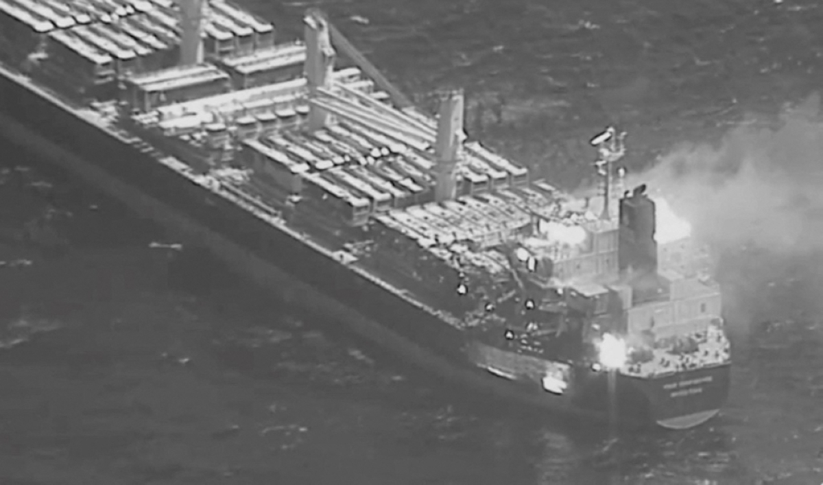 This image obtained from the US Central Command on March 6, 2024 shows the Barbados-flagged, Liberian-owned bulk carrier True Confidence after it was hit by anti-ship ballistic missile launched by Iranian-backed Houthi rebels. Photo by Handout / US Central Command (CENTCOM) / AFP